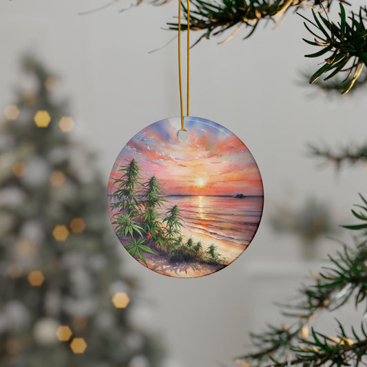 Flowers on the Beach Ceramic Ornaments, Tropical Sunset Weed Leaf Tree, Painted Style, Christmas Ornament, Holiday Decoration, Tree Ornament, Stoner Christmas
