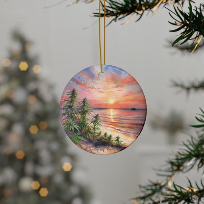 Flowers on the Beach Ceramic Ornaments, Tropical Sunset Weed Leaf Tree, Painted Style, Christmas Ornament, Holiday Decoration, Tree Ornament, Stoner Christmas