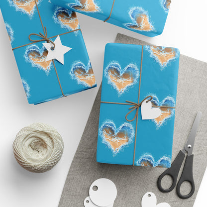 Wrapping Paper - Turquoise Heart Waves and Sand Design, Ocean Gift Wrap, Beachy Wrap