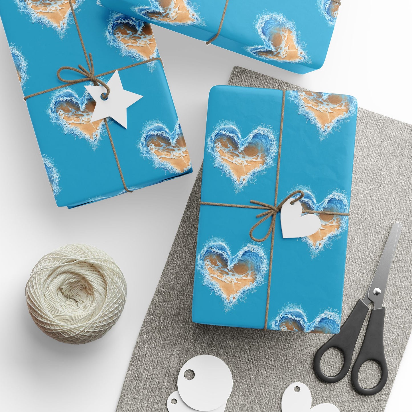 Wrapping Paper - Turquoise Heart Waves and Sand Design, Ocean Gift Wrap, Beachy Wrap