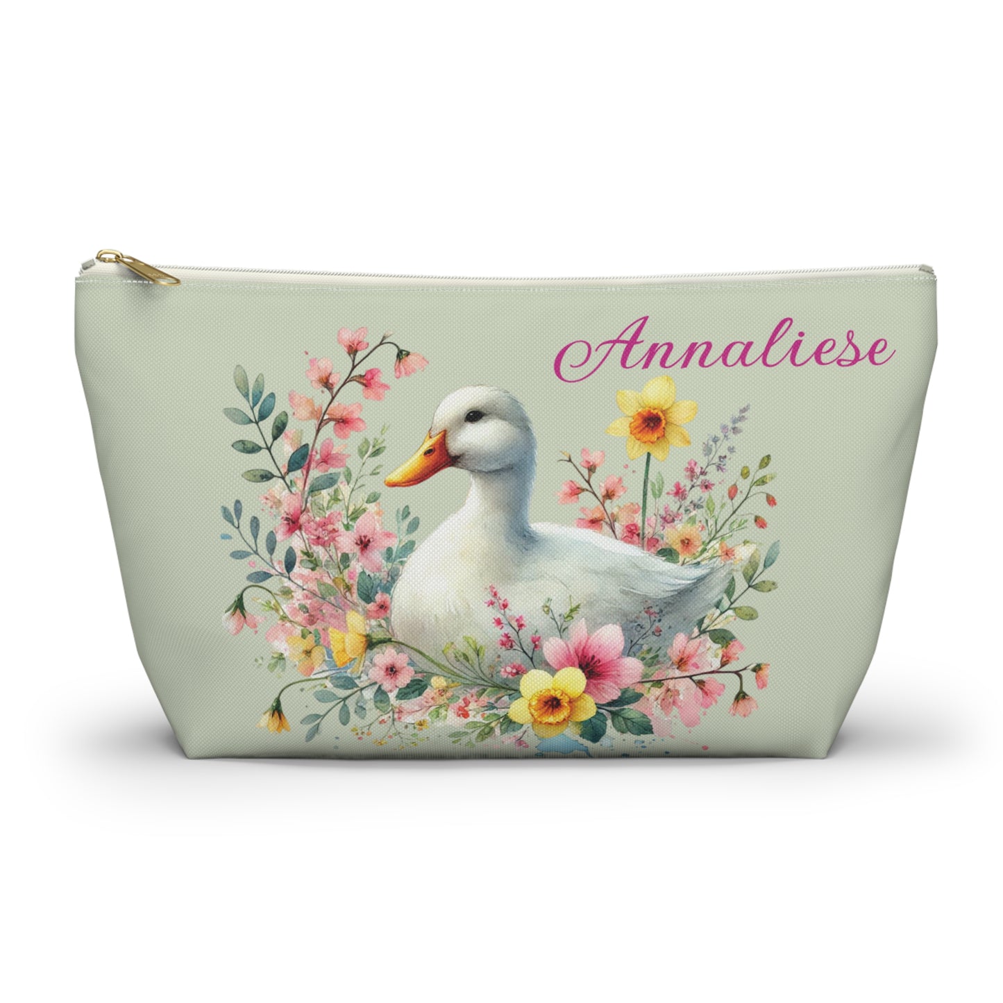 Personalized Floral Duck Accessory Pouch, Cute Makeup Bag, Spring Gift, Organizer, Easter Decor, Flower-Themed Storage