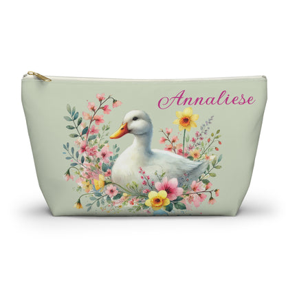 Personalized Floral Duck Accessory Pouch, Cute Makeup Bag, Spring Gift, Organizer, Easter Decor, Flower-Themed Storage