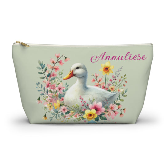 Personalized Floral Duck Accessory Pouch, Cute Makeup Bag, Spring Gift, Organizer, Easter Decor, Flower-Themed Storage