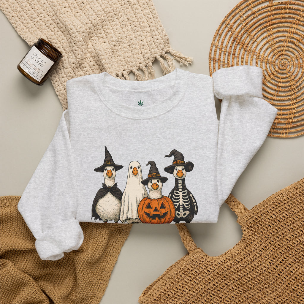 Halloween Duck Crewneck Sweatshirt — Cute Ducks in Costumes with Pumpkin & Skeleton