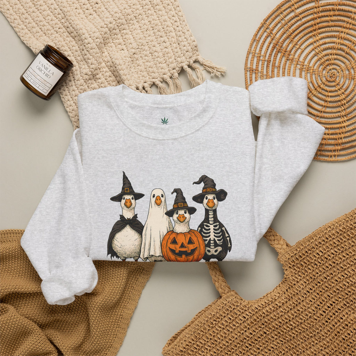 Halloween Duck Crewneck Sweatshirt — Cute Ducks in Costumes with Pumpkin & Skeleton