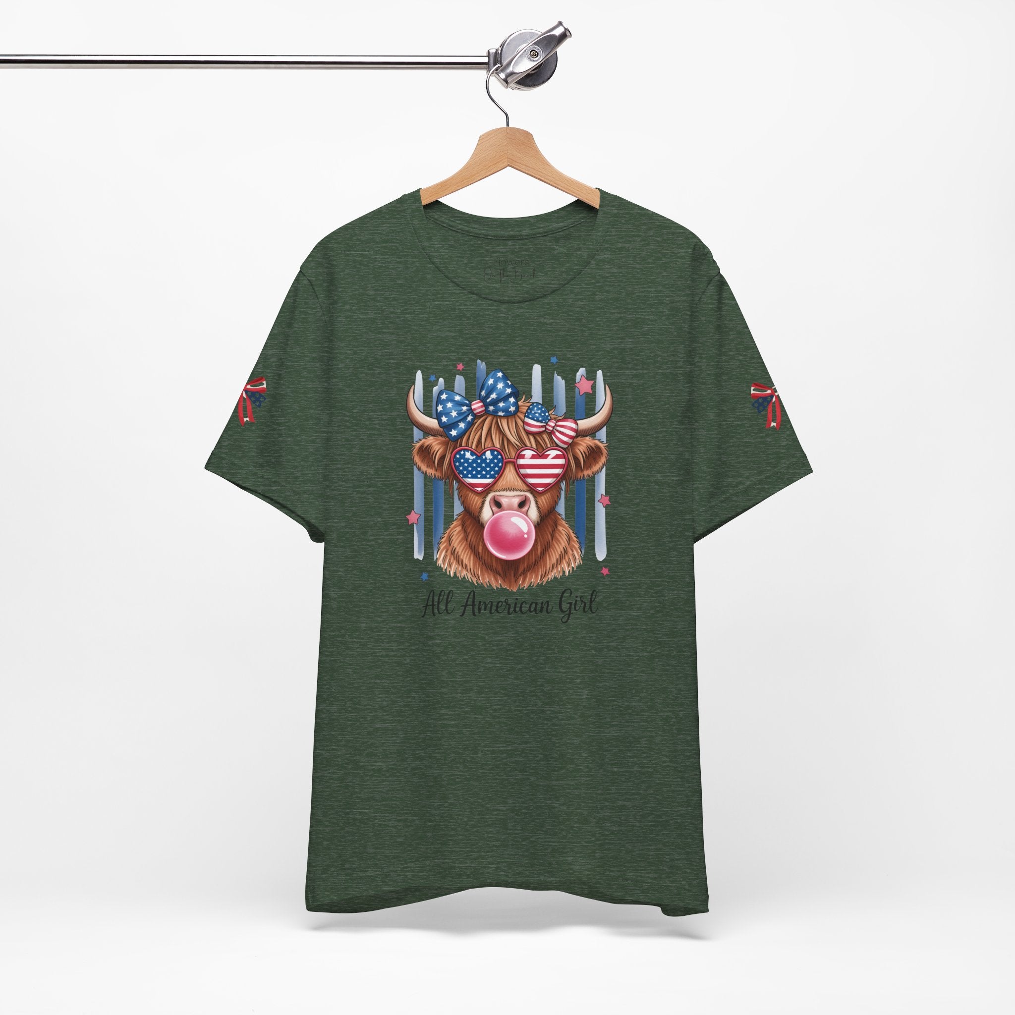 All-American Girl Highland Cow T-Shirt — Patriotic Cute Cow Tee