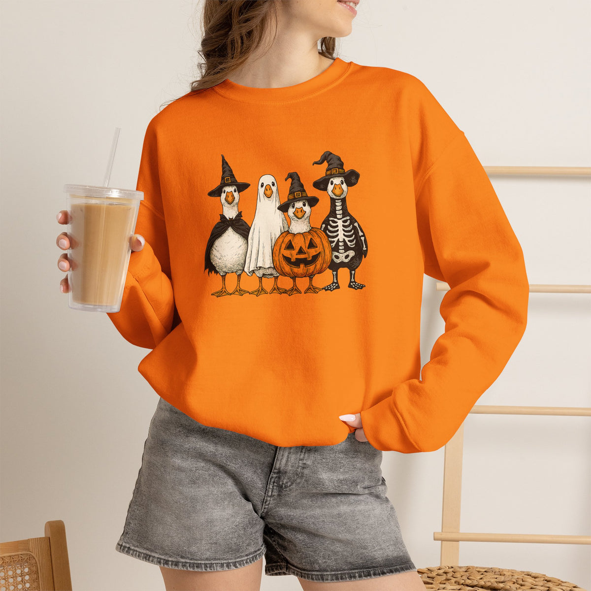 Halloween Duck Crewneck Sweatshirt — Cute Ducks in Costumes with Pumpkin & Skeleton