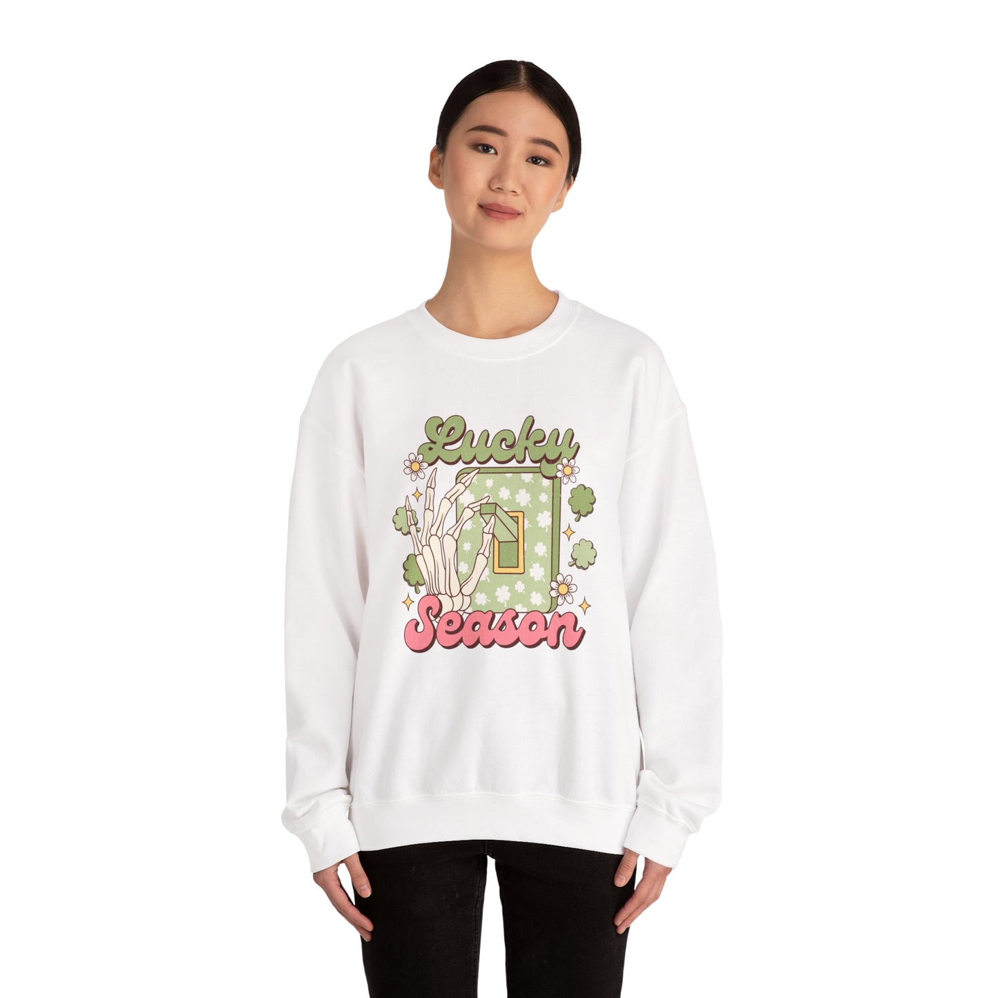 St Patrick's Day Crewneck Sweatshirt, Lucky Season Skeleton Hand Light Switch, Unisex Heavy Blend Pullover, Gift for St Paddy's Day,
