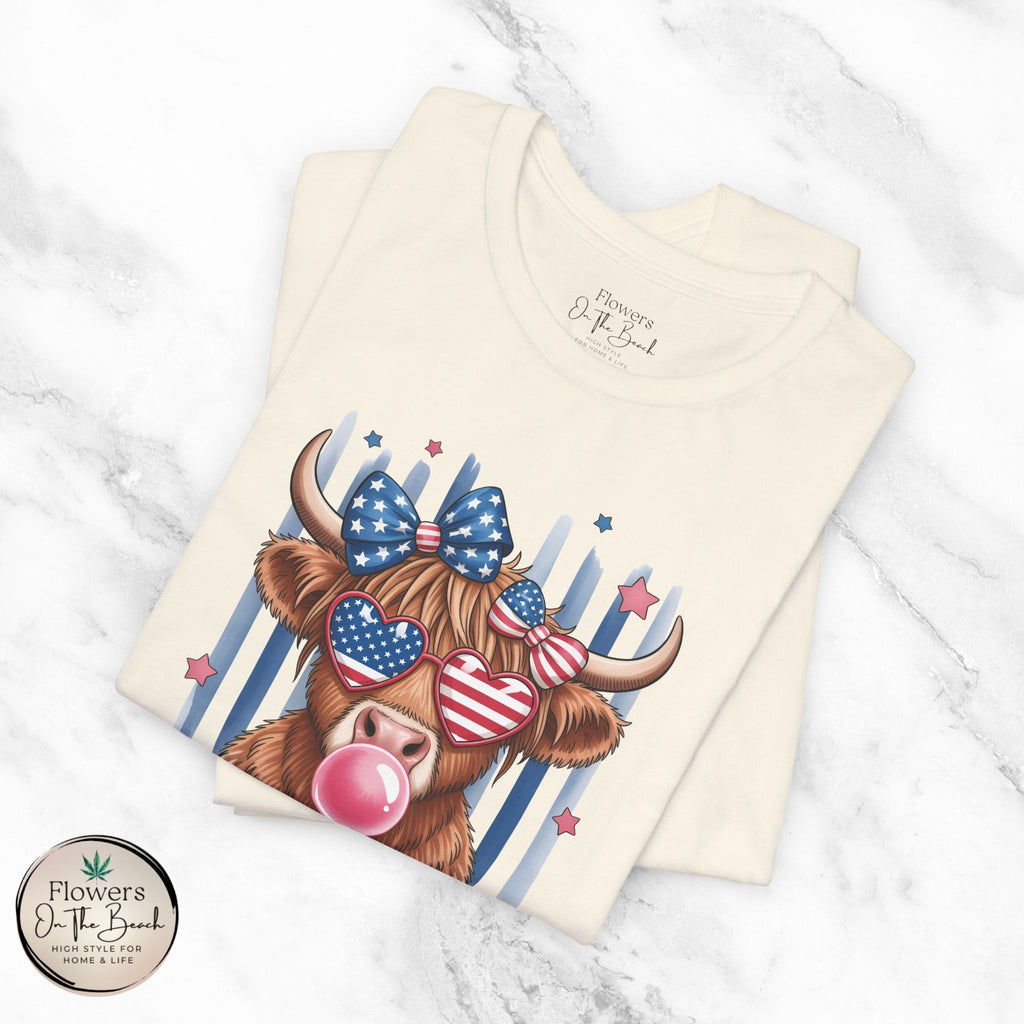 All-American Girl Highland Cow T-Shirt — Patriotic Cute Cow Tee