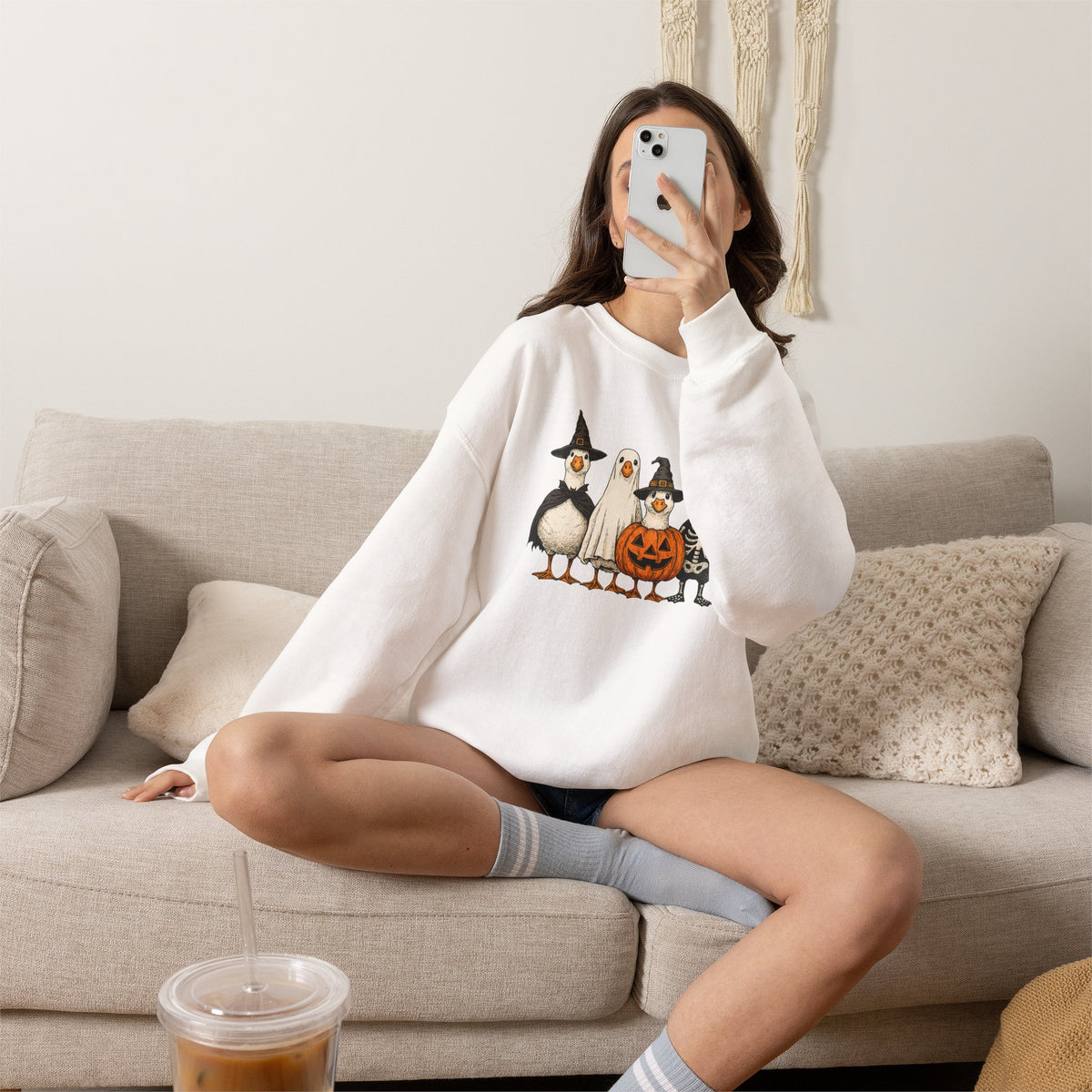 Halloween Duck Crewneck Sweatshirt — Cute Ducks in Costumes with Pumpkin & Skeleton