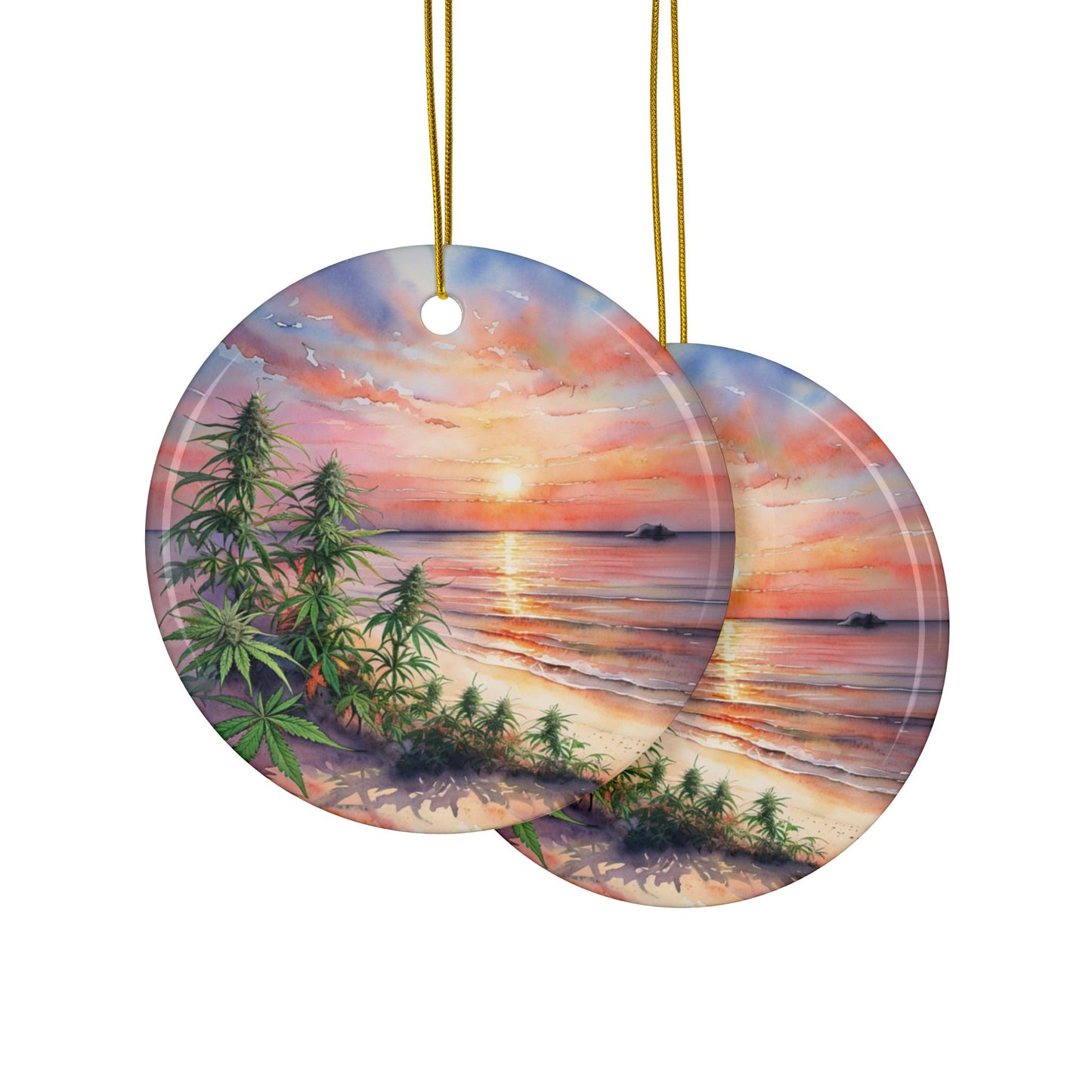 Flowers on the Beach Ceramic Ornaments, Tropical Sunset Weed Leaf Tree, Painted Style, Christmas Ornament, Holiday Decoration, Tree Ornament, Stoner Christmas