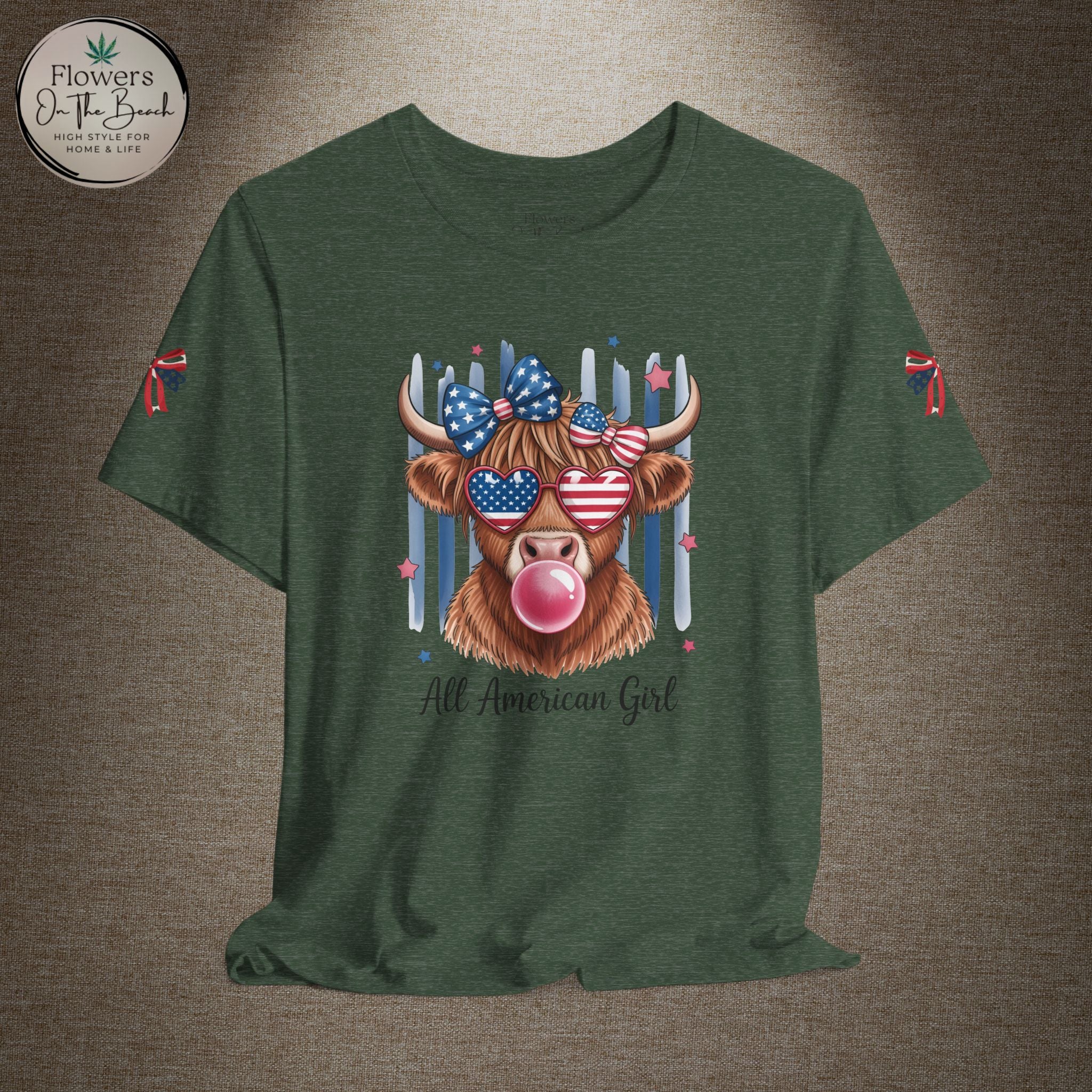All-American Girl Highland Cow T-Shirt — Patriotic Cute Cow Tee