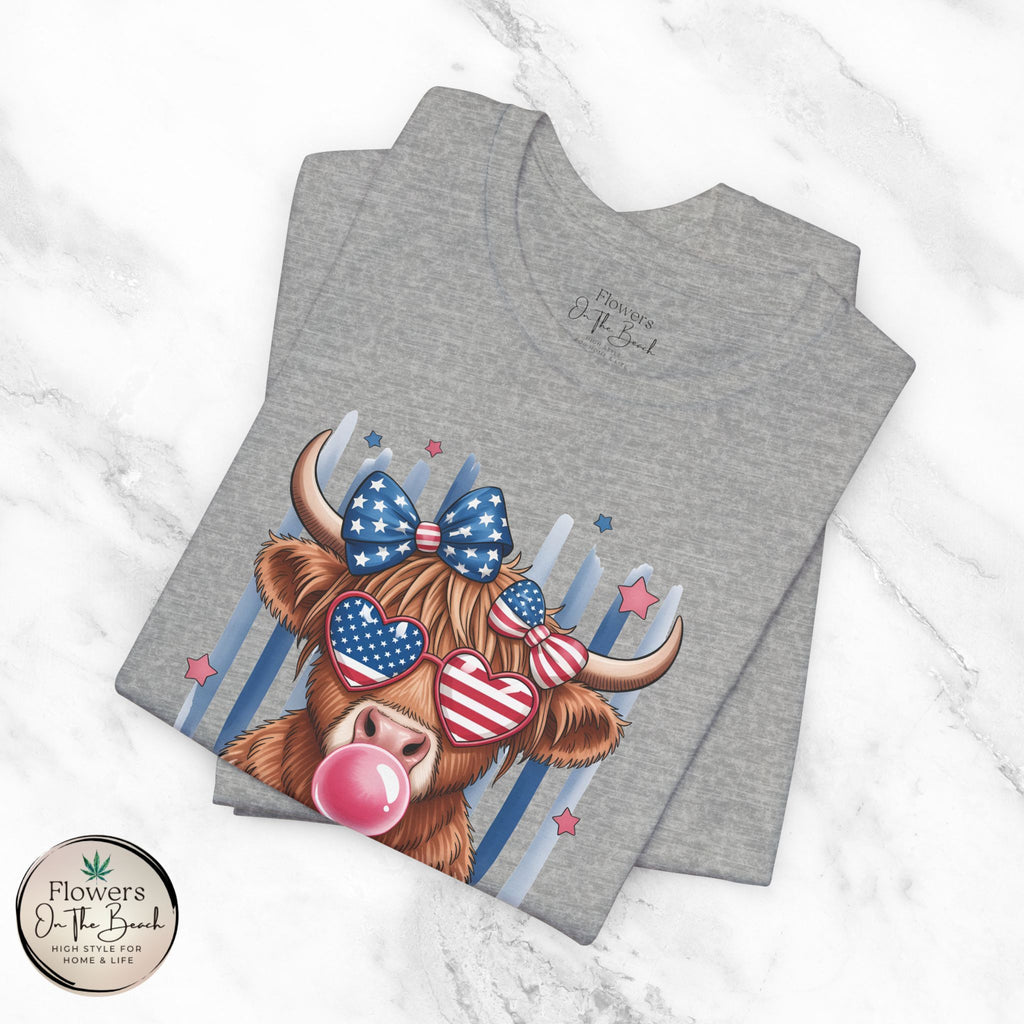All-American Girl Highland Cow T-Shirt — Patriotic Cute Cow Tee