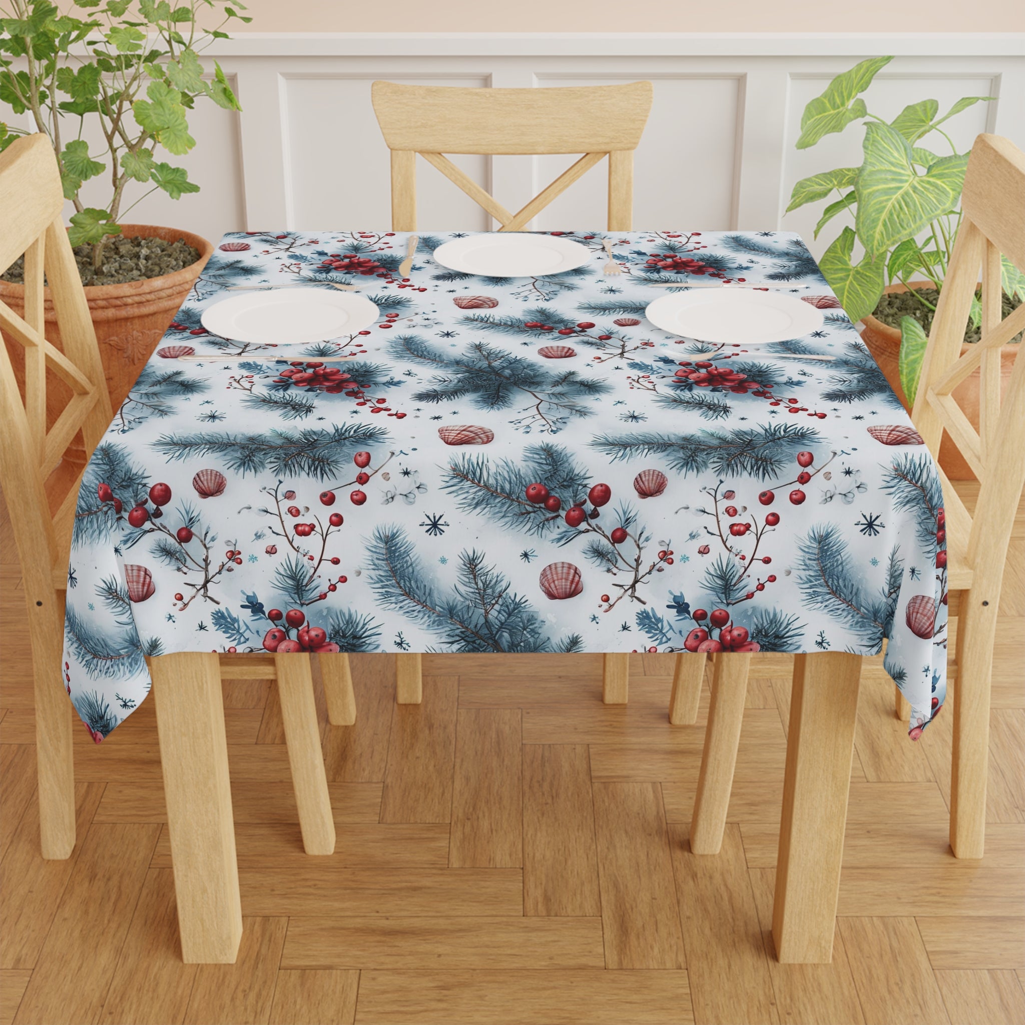 Beachy Christmas Seashells and Evergreen Sprigs, Shells and Holly Tablecloth