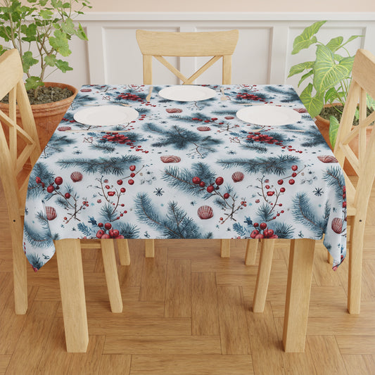 Tablecloth, Beachy Christmas Seashells and Evergreen Sprigs, Shells and Holly Table Cover, Holiday Decor, Christmas Tablecloth, Coastal Home