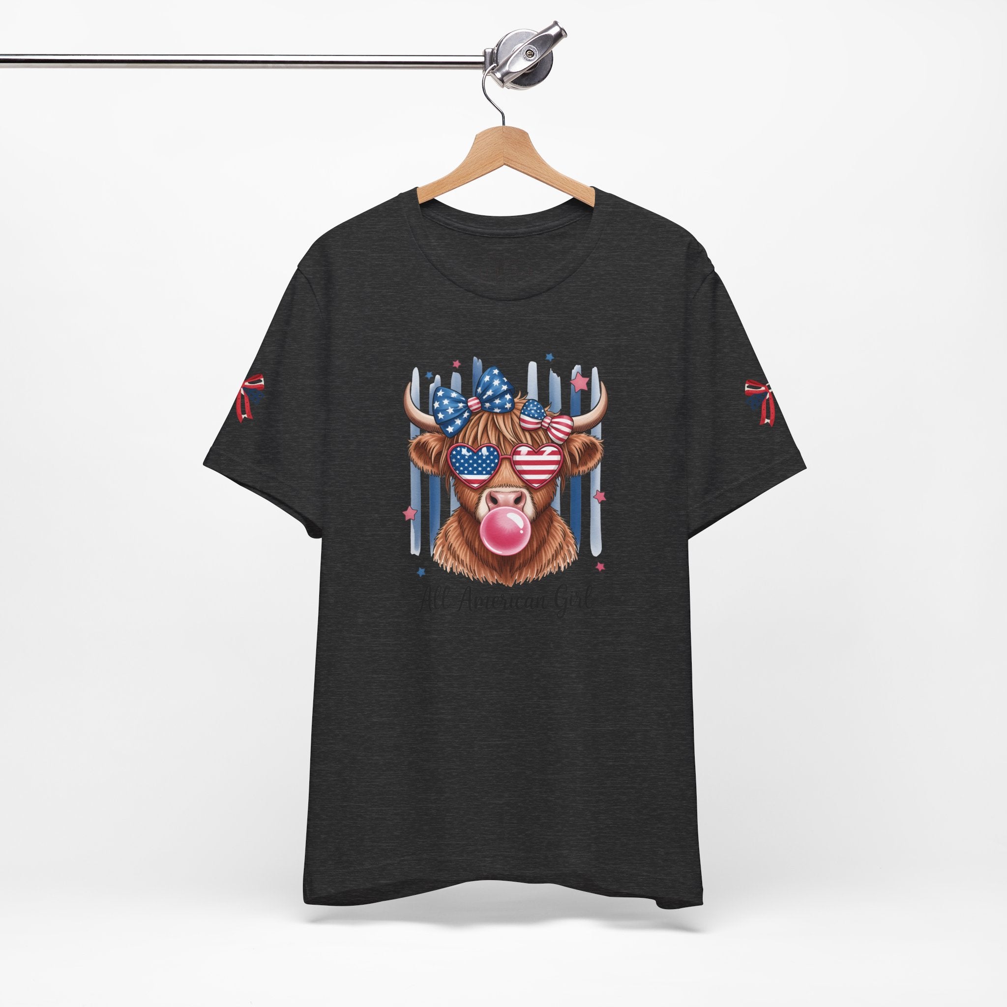 All-American Girl Highland Cow T-Shirt — Patriotic Cute Cow Tee