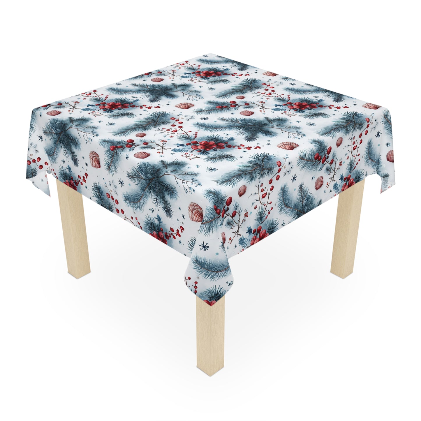 Tablecloth, Beachy Christmas Seashells and Evergreen Sprigs, Shells and Holly Table Cover, Holiday Decor, Christmas Tablecloth, Coastal Home