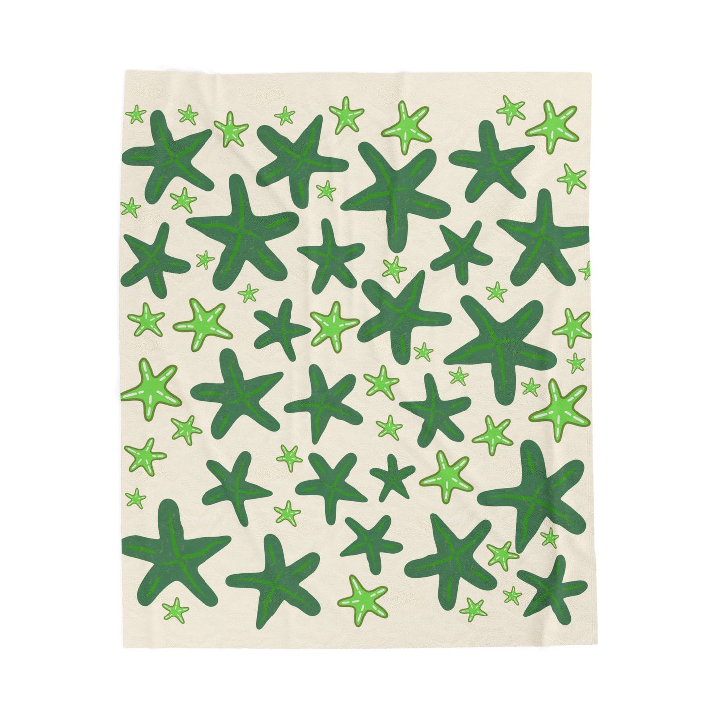 Velveteen Plush Blanket, Sandy Colored with Green Starfish, Beachy Design