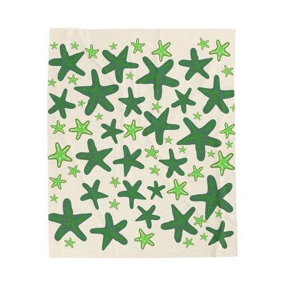 Velveteen Plush Blanket, Sandy Colored with Green Starfish, Beachy Design