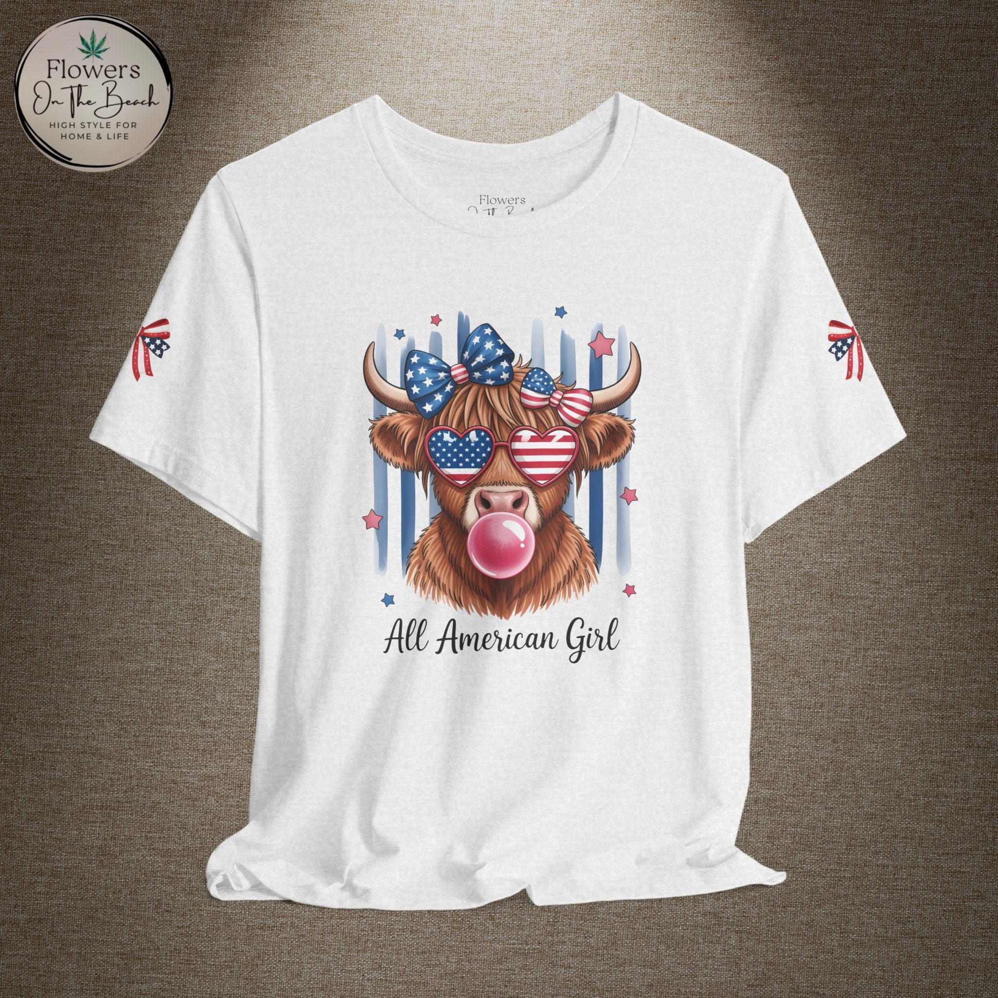 All-American Girl Highland Cow T-Shirt — Patriotic Cute Cow Tee