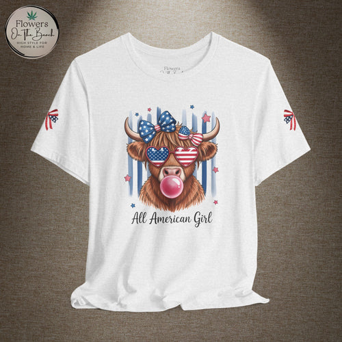 All-American Girl Highland Cow T-Shirt — Patriotic Cute Cow Tee