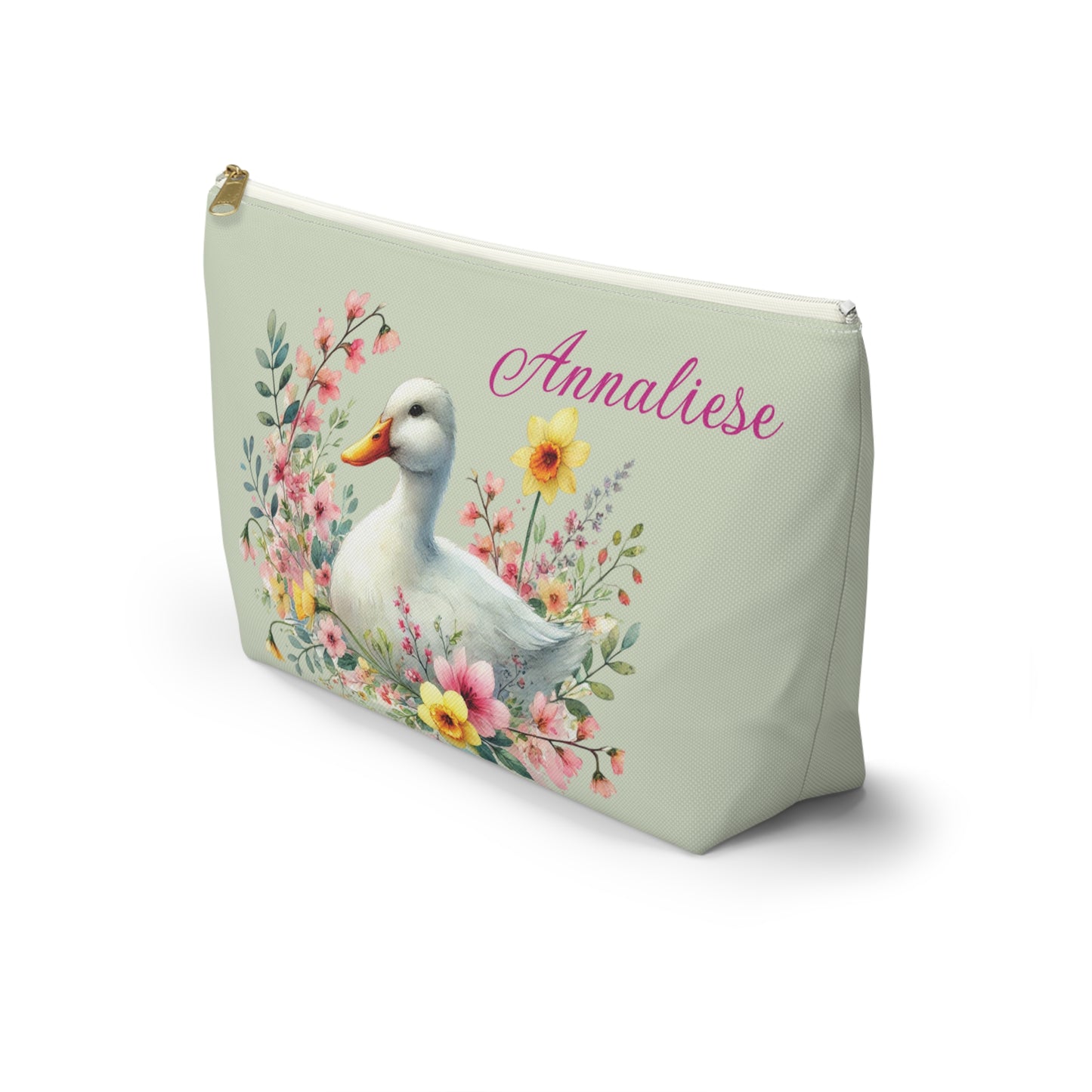 Personalized Floral Duck Accessory Pouch, Cute Makeup Bag, Spring Gift, Organizer, Easter Decor, Flower-Themed Storage
