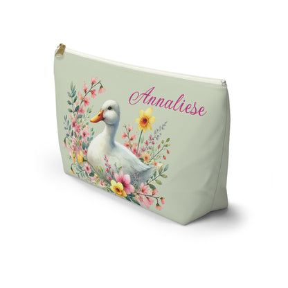 Personalized Floral Duck Accessory Pouch, Cute Makeup Bag, Spring Gift, Organizer, Easter Decor, Flower-Themed Storage