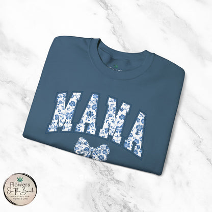 Floral Mama Coquette Blue Flowers Crewneck Sweatshirt, Mother's Day Gift, Gift for Her, Mom Apparel, Floral Sweatshirt, Boy Mom Sweatshirt