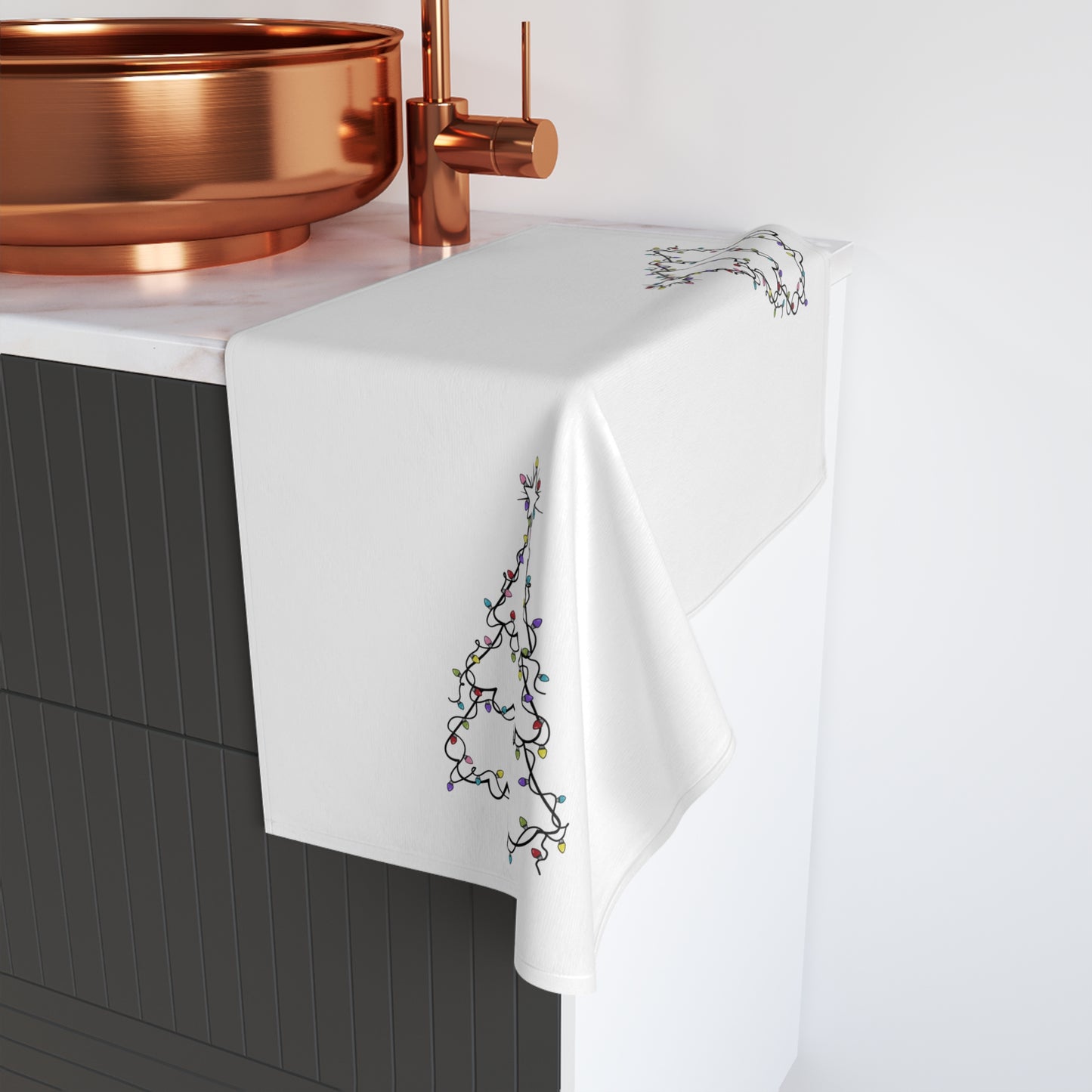 Christmas Hand Towel, Minimalist Tree with Lights Line Drawing, Holiday Kitchen Decor, Festive Bathroom Towel, Gift for Hostess, Winter Home