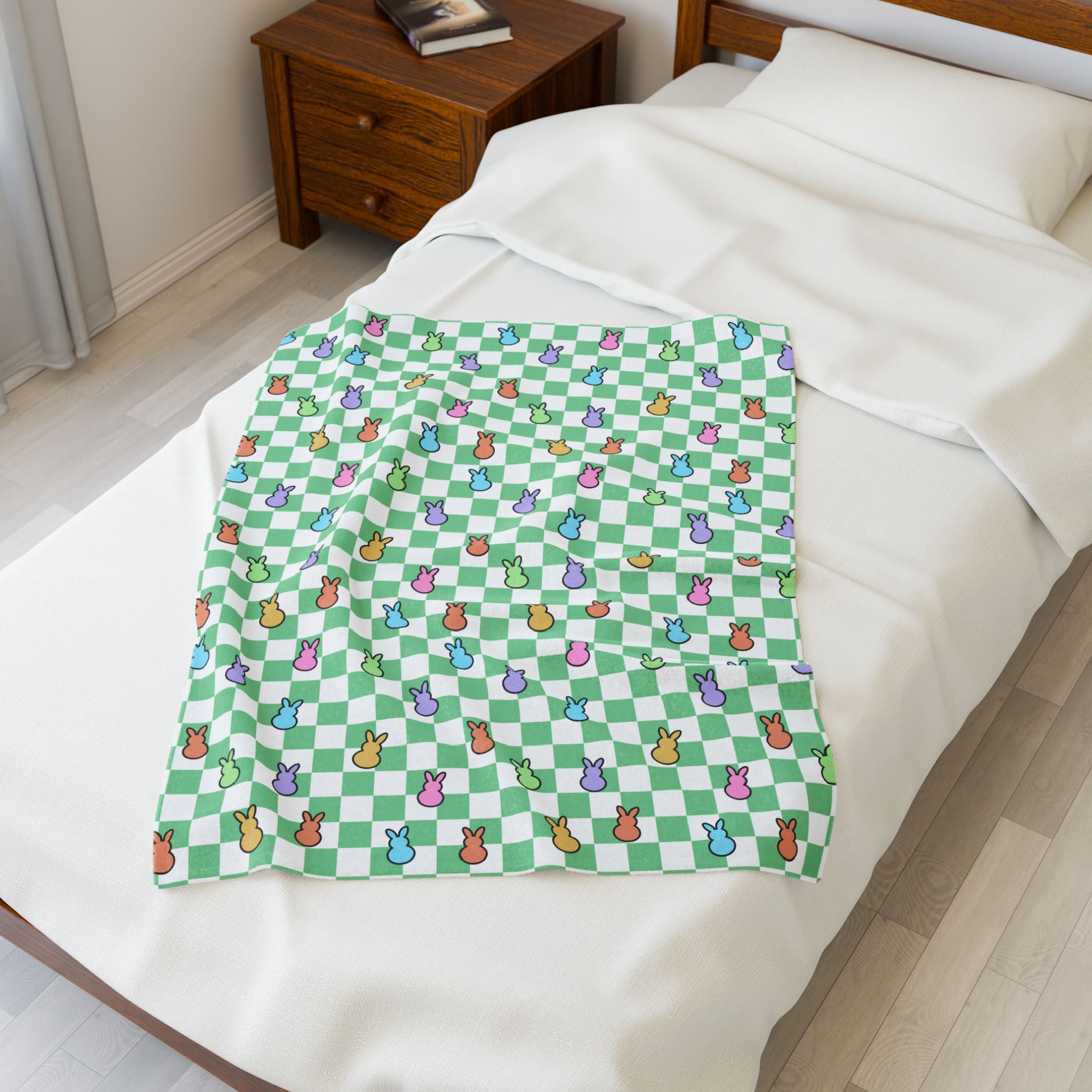 Green Spring Peeps Bunnies Velveteen Plush Blanket