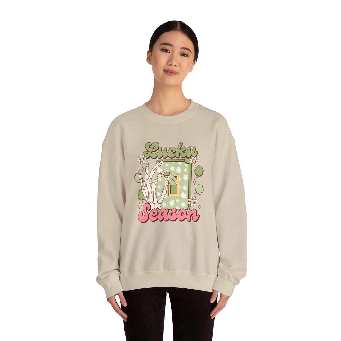 St Patrick's Day Crewneck Sweatshirt, Lucky Season Skeleton Hand Light Switch, Unisex Heavy Blend Pullover, Gift for St Paddy's Day,