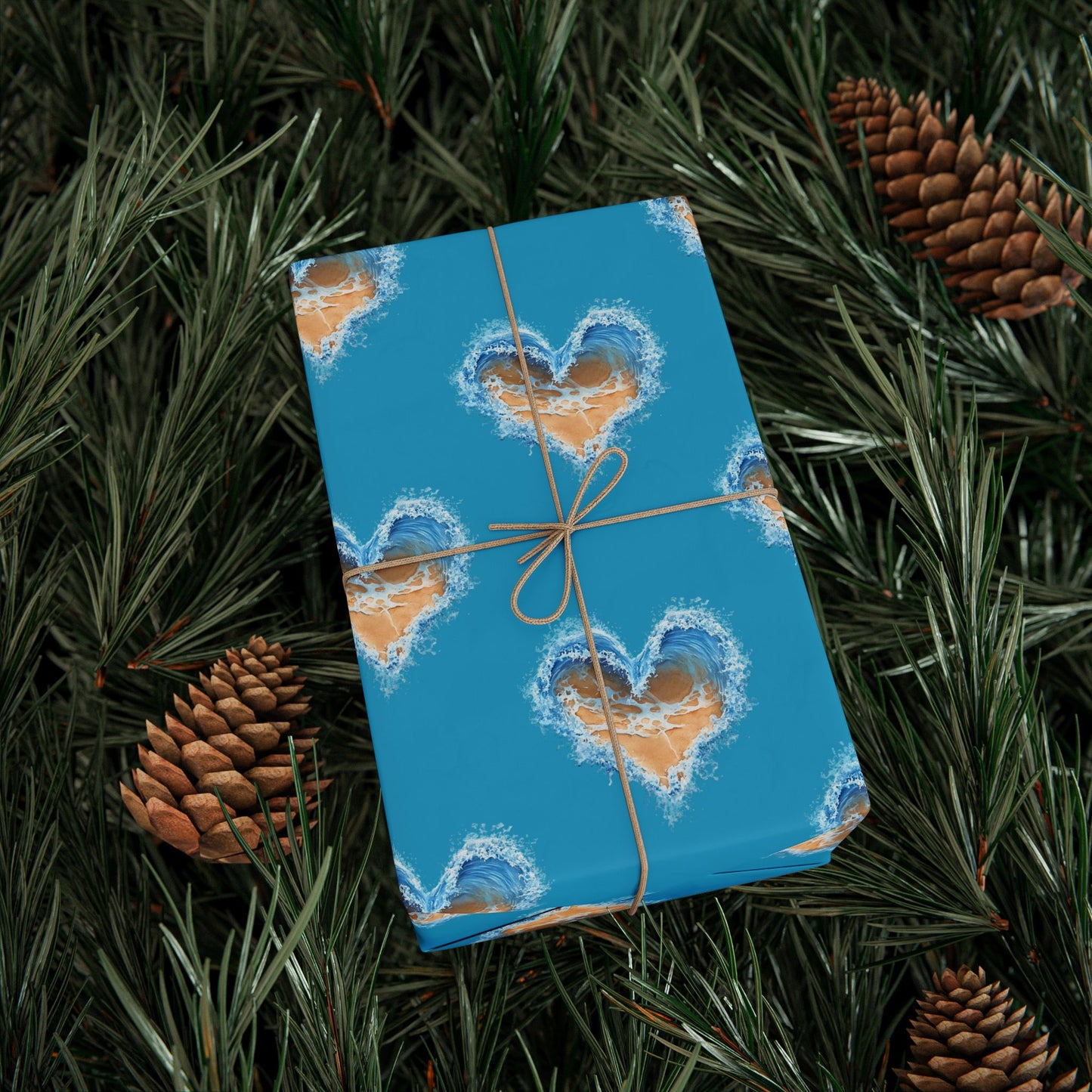 Wrapping Paper - Turquoise Heart Waves and Sand Design, Ocean Gift Wrap, Beachy Wrap