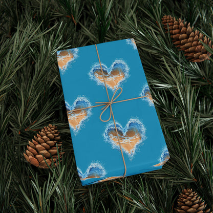 Wrapping Paper - Turquoise Heart Waves and Sand Design, Ocean Gift Wrap, Beachy Wrap