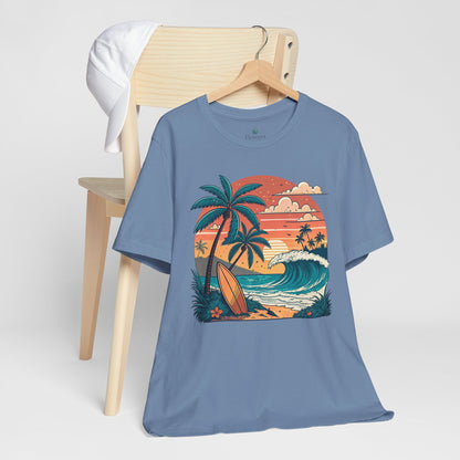 Beach Sunset Surfboards T-Shirt, Ocean Wave Tee, Summer Vacation Top, Beach Lover Shirt, Tropical Beach Apparel