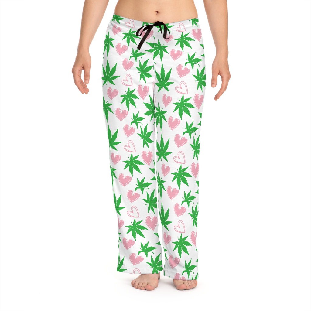 Hearts and Cannabis Women's Pajama Pants, Cute 420 Gift, Weed Leaf Lounge Pants, Comfy PJ Bottoms, Marijuana Sleepwear