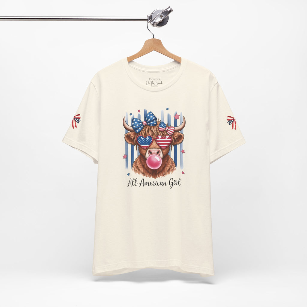 All-American Girl Highland Cow T-Shirt — Patriotic Cute Cow Tee