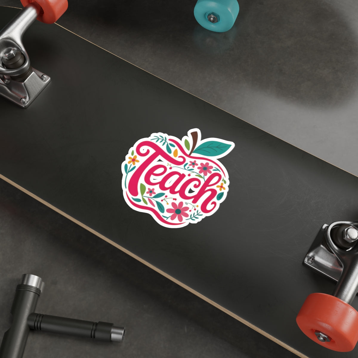 Teach Apple Die-Cut Sticker — Floral Teacher Appreciation Laptop Decal