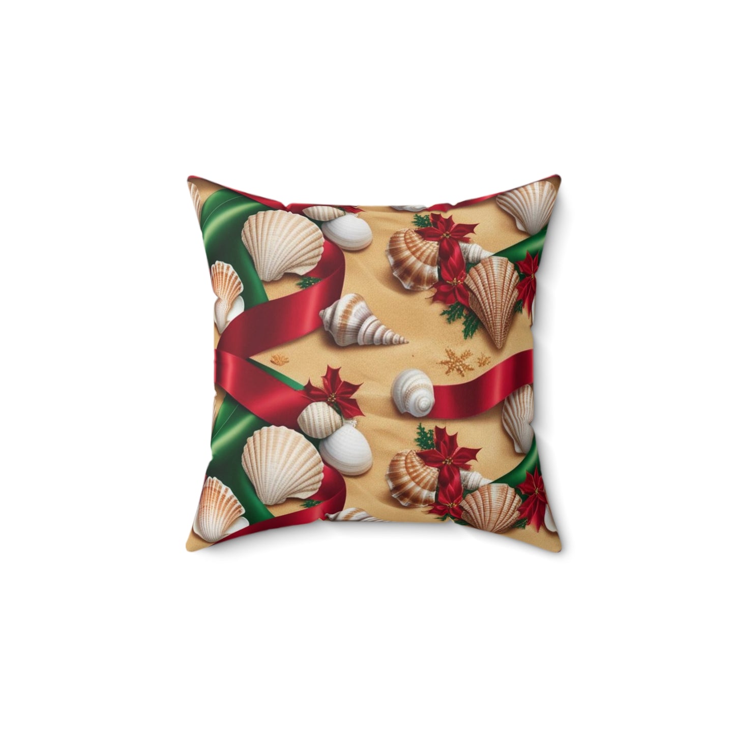 Beachy Holiday Pillow, Square Pillow, Throw Pillow, Home Decor, Coastal Pillow, Seashell Pillow, Ribbon Pillow