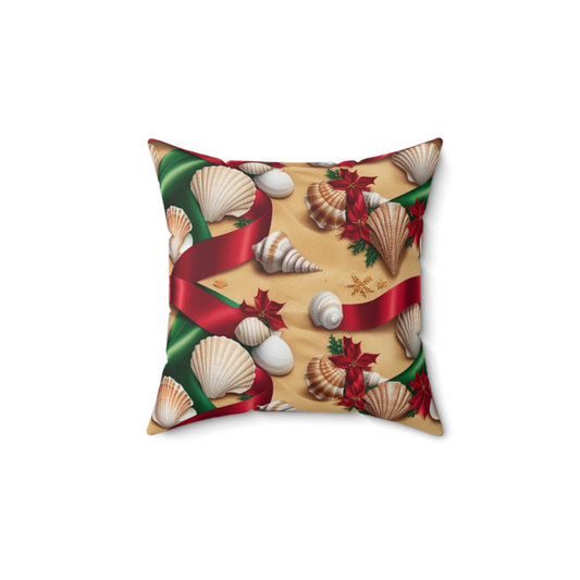 Beachy Holiday Pillow, Square Pillow, Throw Pillow, Home Decor, Coastal Pillow, Seashell Pillow, Ribbon Pillow