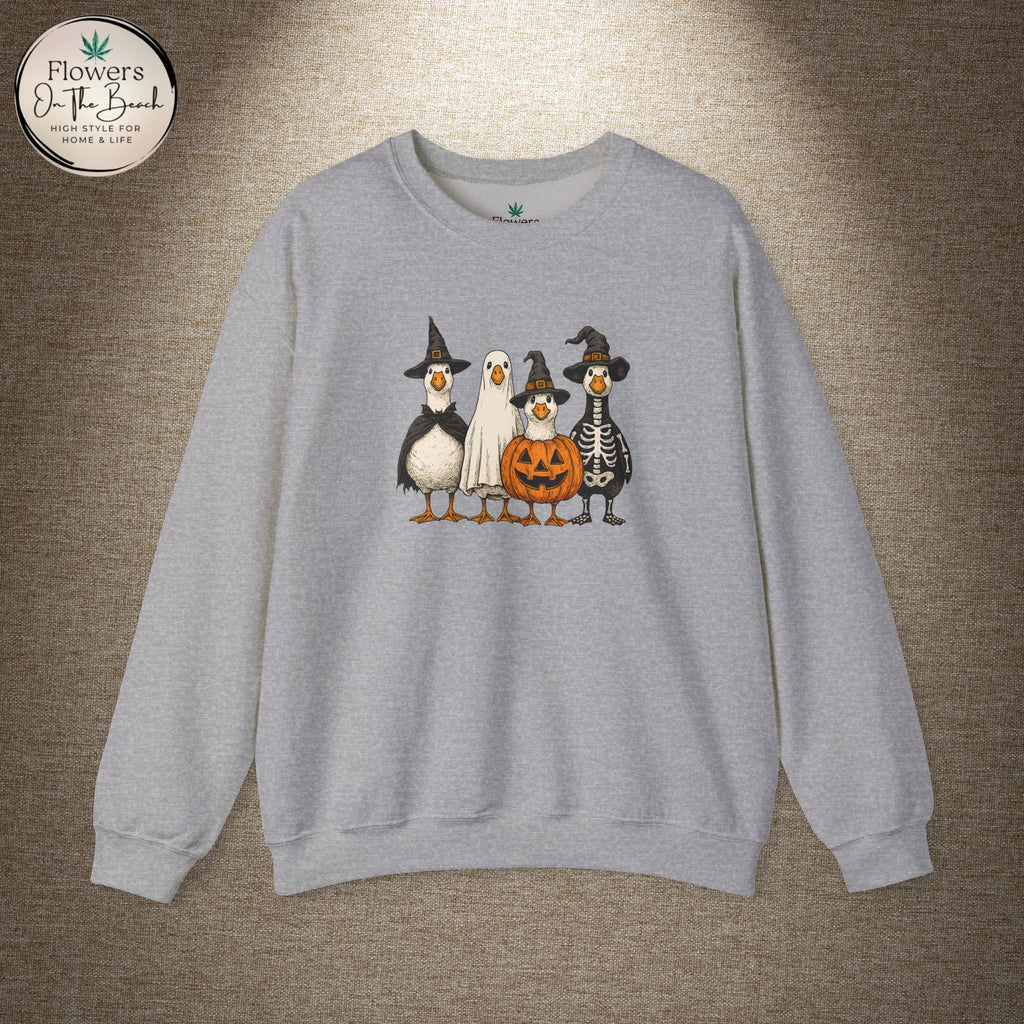 Halloween Duck Crewneck Sweatshirt — Cute Ducks in Costumes with Pumpkin & Skeleton