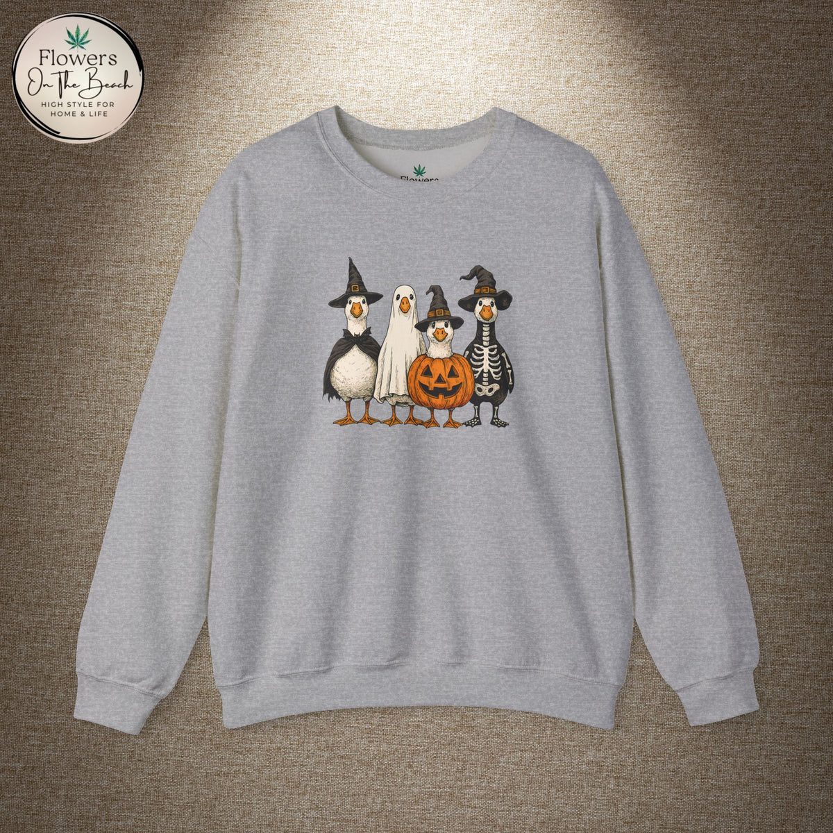 Halloween Duck Crewneck Sweatshirt — Cute Ducks in Costumes with Pumpkin & Skeleton