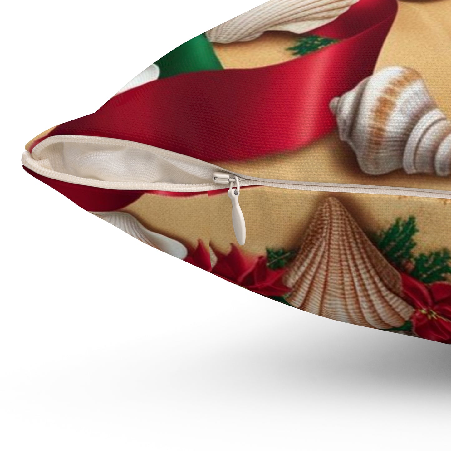 Beachy Holiday Pillow, Square Pillow, Throw Pillow, Home Decor, Coastal Pillow, Seashell Pillow, Ribbon Pillow