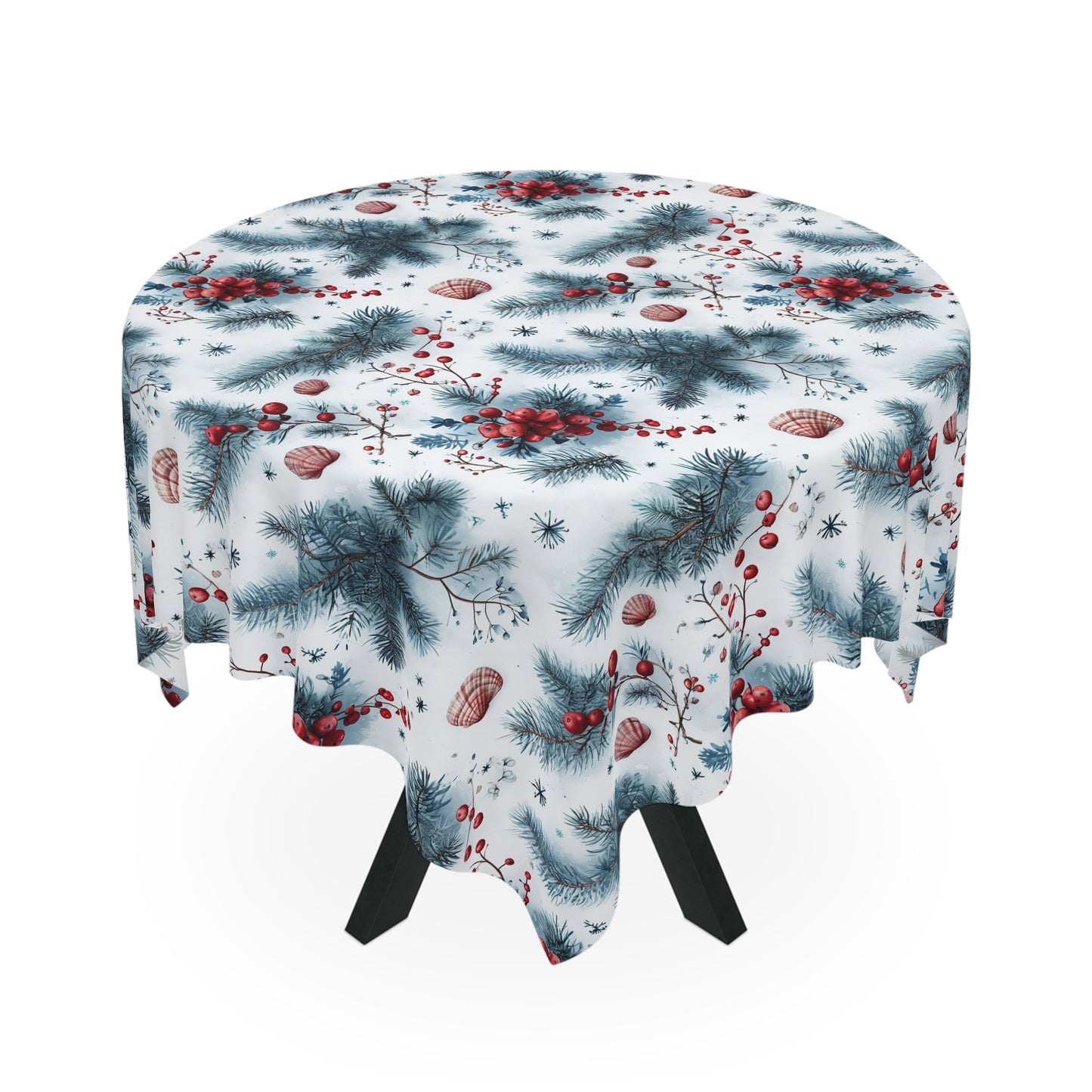 Tablecloth, Beachy Christmas Seashells and Evergreen Sprigs, Shells and Holly Table Cover, Holiday Decor, Christmas Tablecloth, Coastal Home