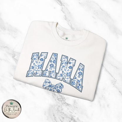 Floral Mama Coquette Blue Flowers Crewneck Sweatshirt, Mother's Day Gift, Gift for Her, Mom Apparel, Floral Sweatshirt, Boy Mom Sweatshirt