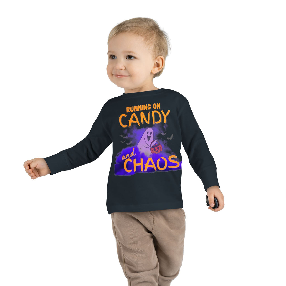 Toddler Long Sleeve Tee - 'Running on Candy and Chaos' Halloween Pumpkin Shirt