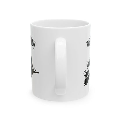 Ceramic Mug - Weed Witch Mug, Stoner Gift, Halloween Theme, Coffee Drinker Gift, Flying Bats, Mug For Your Cannabis Coffee
