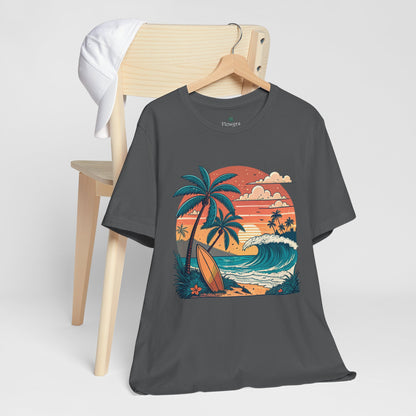 Beach Sunset Surfboards T-Shirt, Ocean Wave Tee, Summer Vacation Top, Beach Lover Shirt, Tropical Beach Apparel