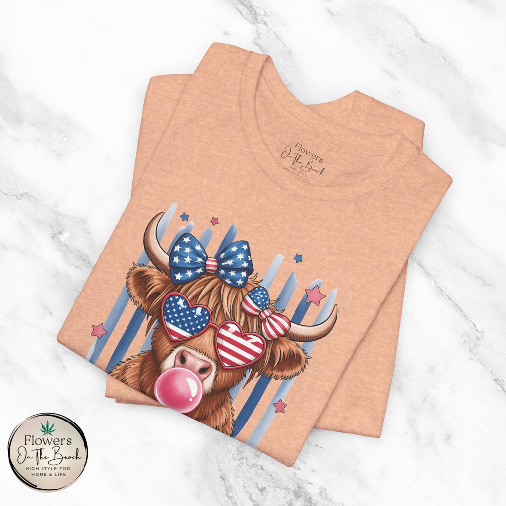 All-American Girl Highland Cow T-Shirt — Patriotic Cute Cow Tee