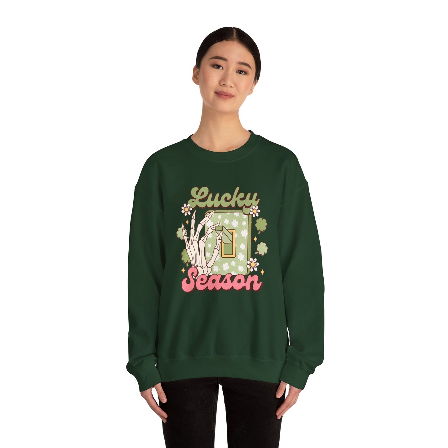 St Patrick's Day Crewneck Sweatshirt, Lucky Season Skeleton Hand Light Switch, Unisex Heavy Blend Pullover, Gift for St Paddy's Day,
