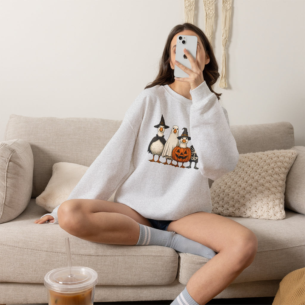 Halloween Duck Crewneck Sweatshirt — Cute Ducks in Costumes with Pumpkin & Skeleton